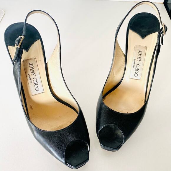 JIMMY CHOO Classic Black Leather Open Peep Toe Heeled Slingback Sandals Shoes 38 - Picture 2 of 16